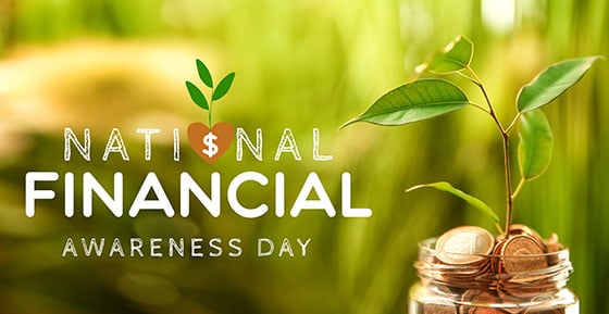 Banner for National Financial Awareness Day with jar with coins and growing plant